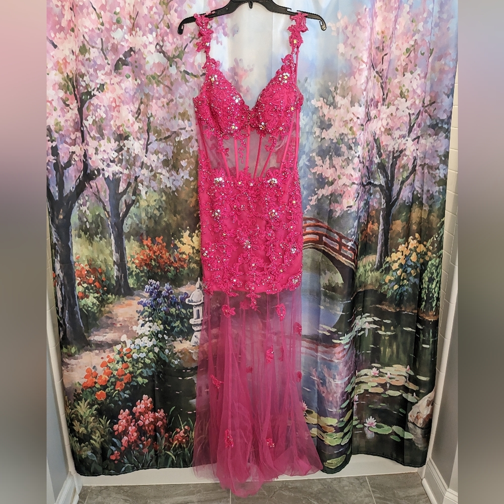 Jovani Hot Pink Beaded Sheer Prom Dress - Picture 2 of 7